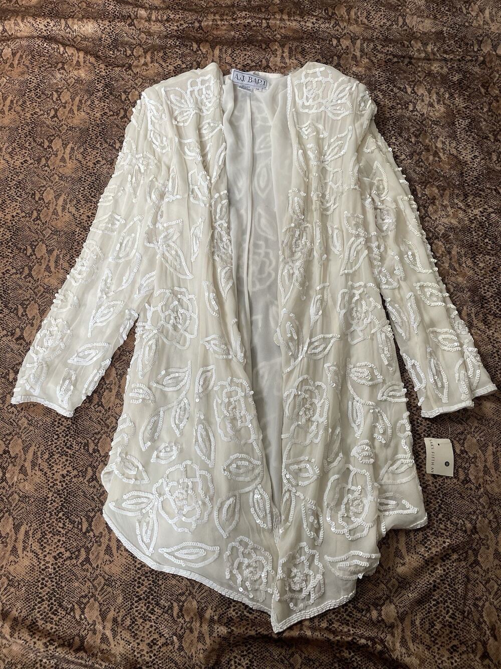 NWT AJ Bari White Cream Beaded Sequin Silk Oversized Long Sleeve Shirt Jacket 14